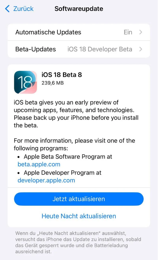 资溪苹果手机维修分享苹果 iOS / iPadOS 18 开发者预览版 Beta 8 发布 